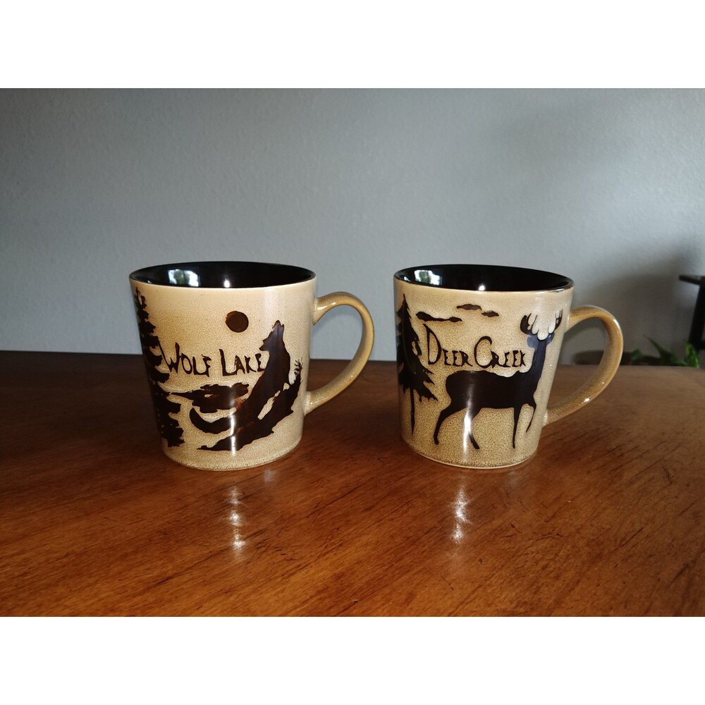 Wolf Lake & Deer Creek Coffee Mug Beige Speckled Glaze Silhouette Stag Moon Tree